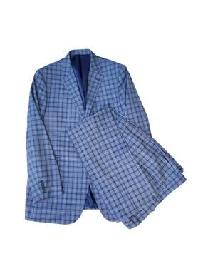 Steve Harvey Samson Blue Glen Plaid 2pc Suit Summer Light Poly Rayon 46L 38x32